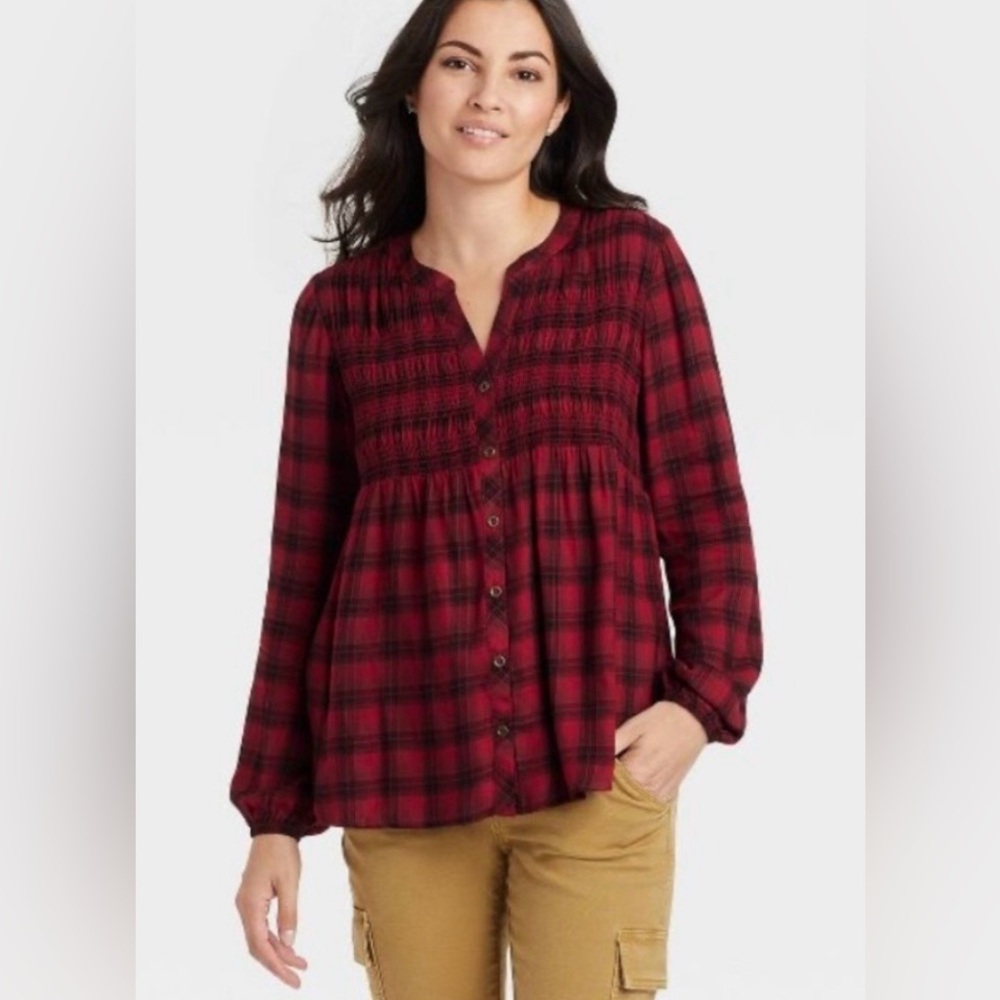 ~New~ Knox Rose Babydoll Long Sleeves Button-Down Plaid Blouse Red/Black